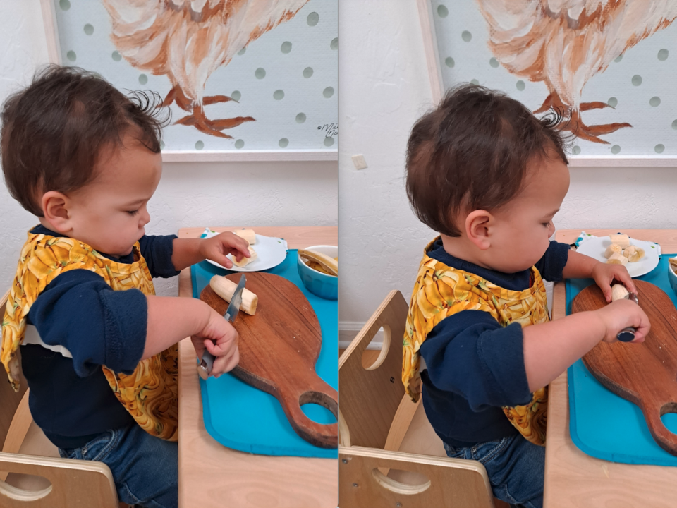 Toddler Cutting a Banana Independently at La Jolla Montessori School