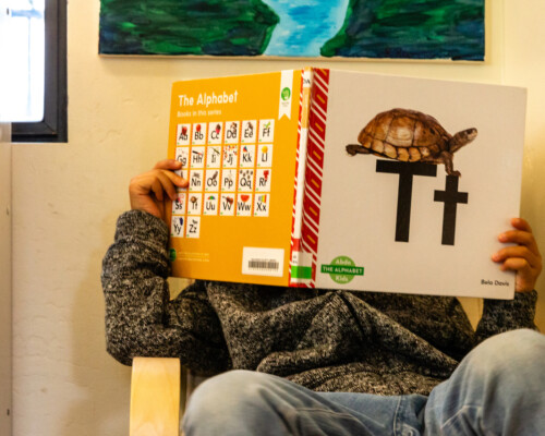 Montessori child reading on a chair