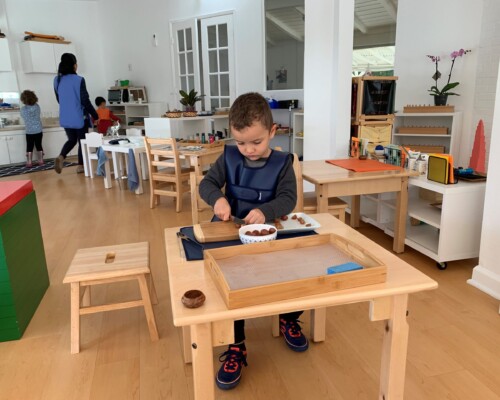 Independent Toddler cutting fruit at La Jolla Montessori school