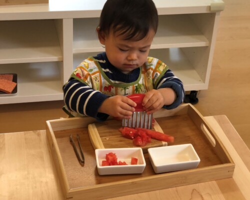Toddler independently cutting fruit