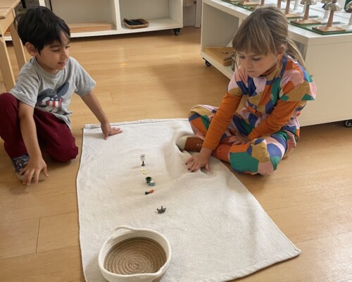 Primary Social Development Learning to work together (Playing the i-spy game older girl is in the teacher role) at La Jolla Montessori